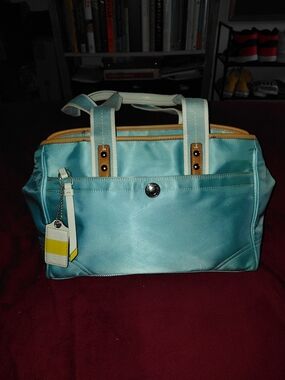 Coach Light Blue Tote with Cream and Tan Trim